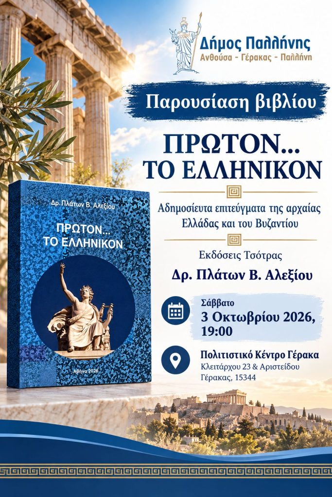 Γέρακας: στις 3 Οκτωβρίου η παρουσίαση του βιβλίου «ΠΡΩΤΟΝ… ΤΟ ΕΛΛΗΝΙΚΟΝ»